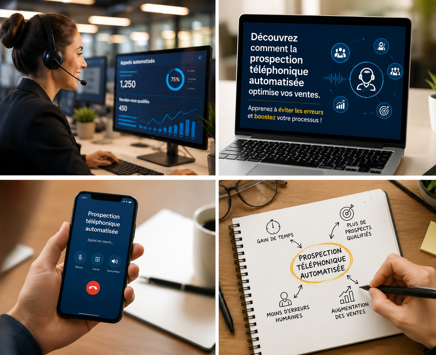 Équipe de vente discutant de la stratégie de prospection téléphonique automatisée
